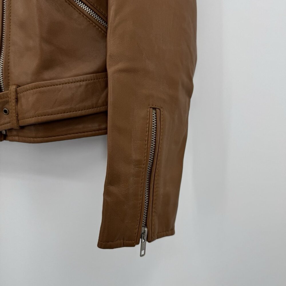 Quince Women's Cognac Leather Motorcycle Jacket size XS Sheep Leather Belted - Picture 8 of 16